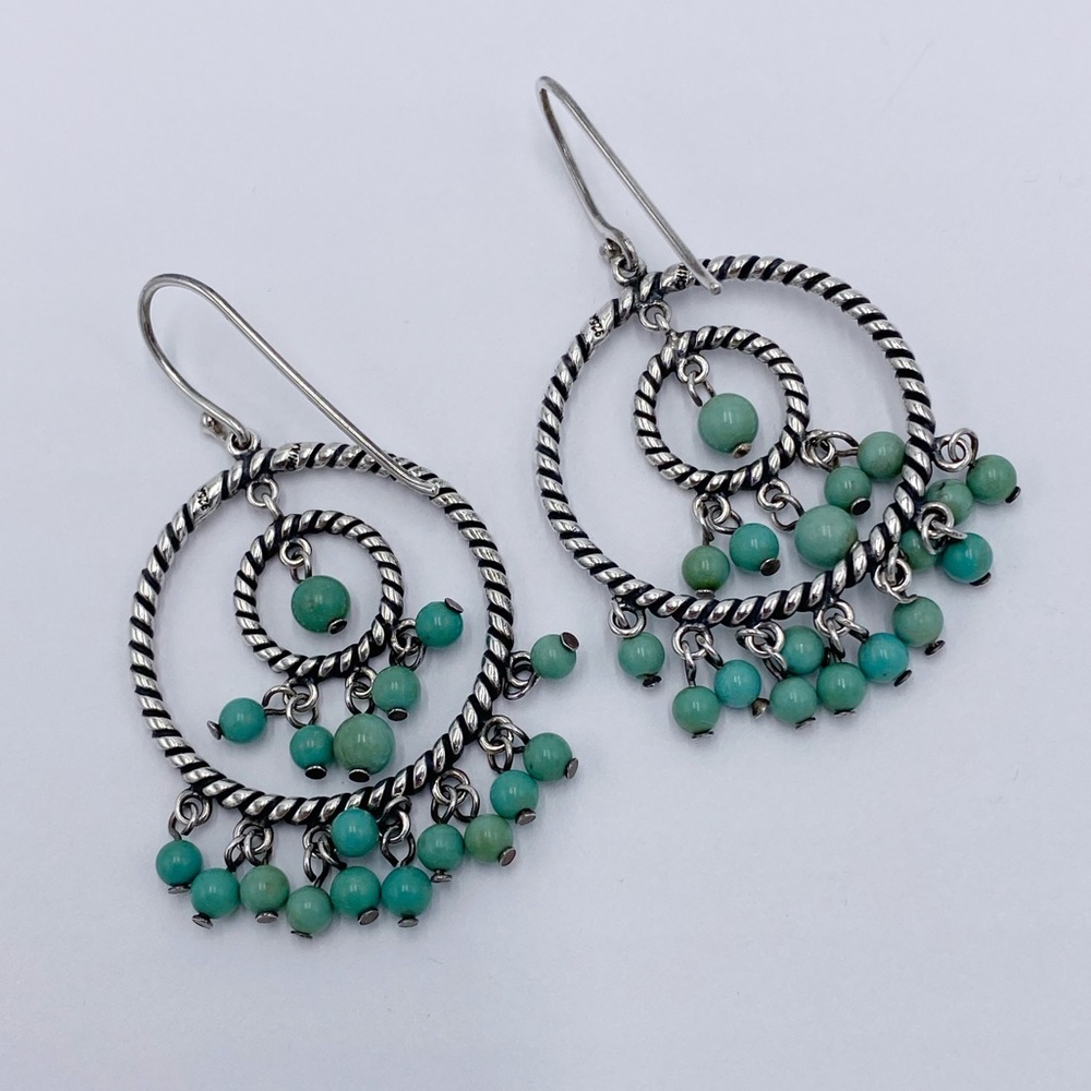 Sterling Silver Signed 925 Beaded Turquoise Stone Layer Circle Dangle Earrings